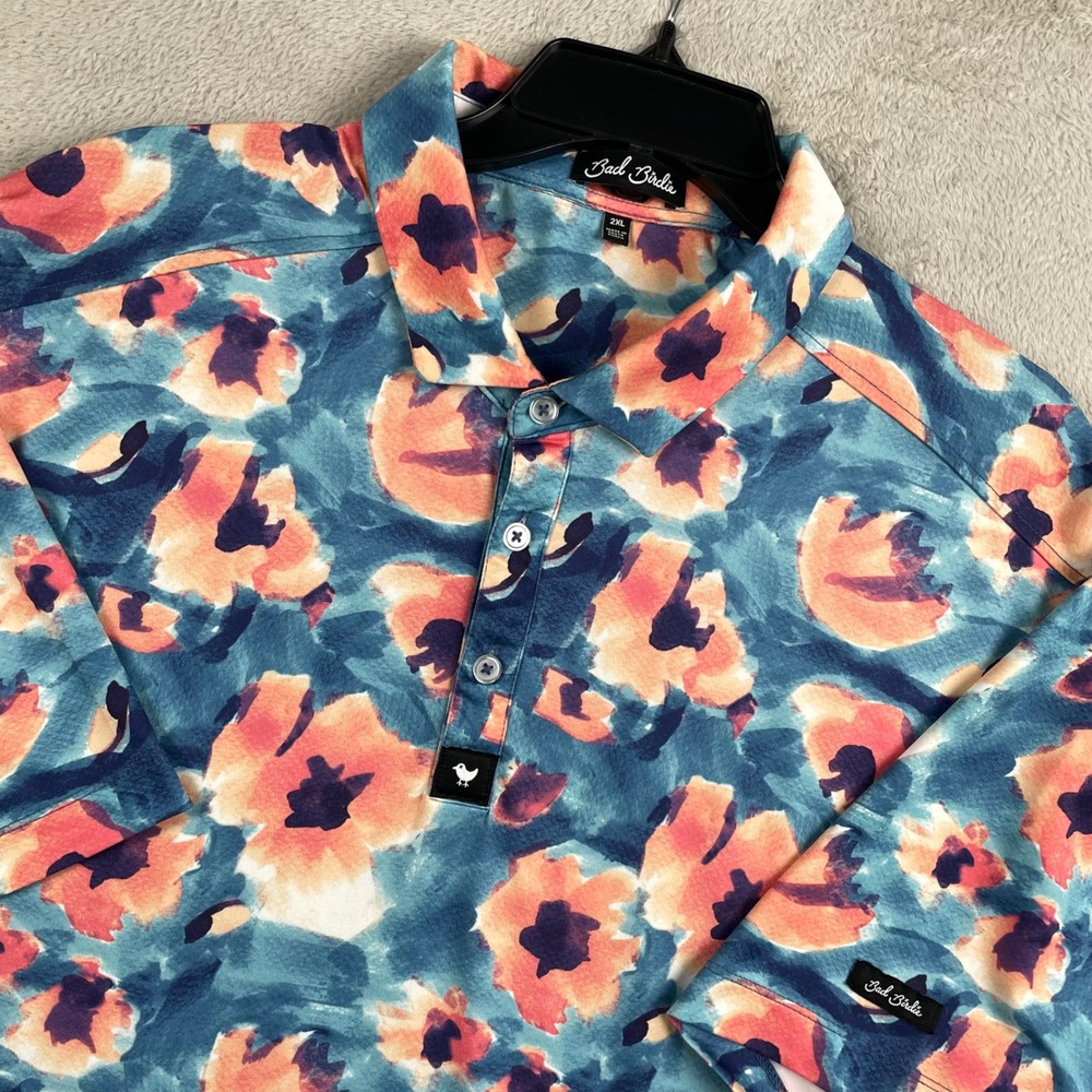 Bad Birdie Polo Shirt Mens 2XL Blue Floral Short Sleeve Golf Vacation Hawaiian